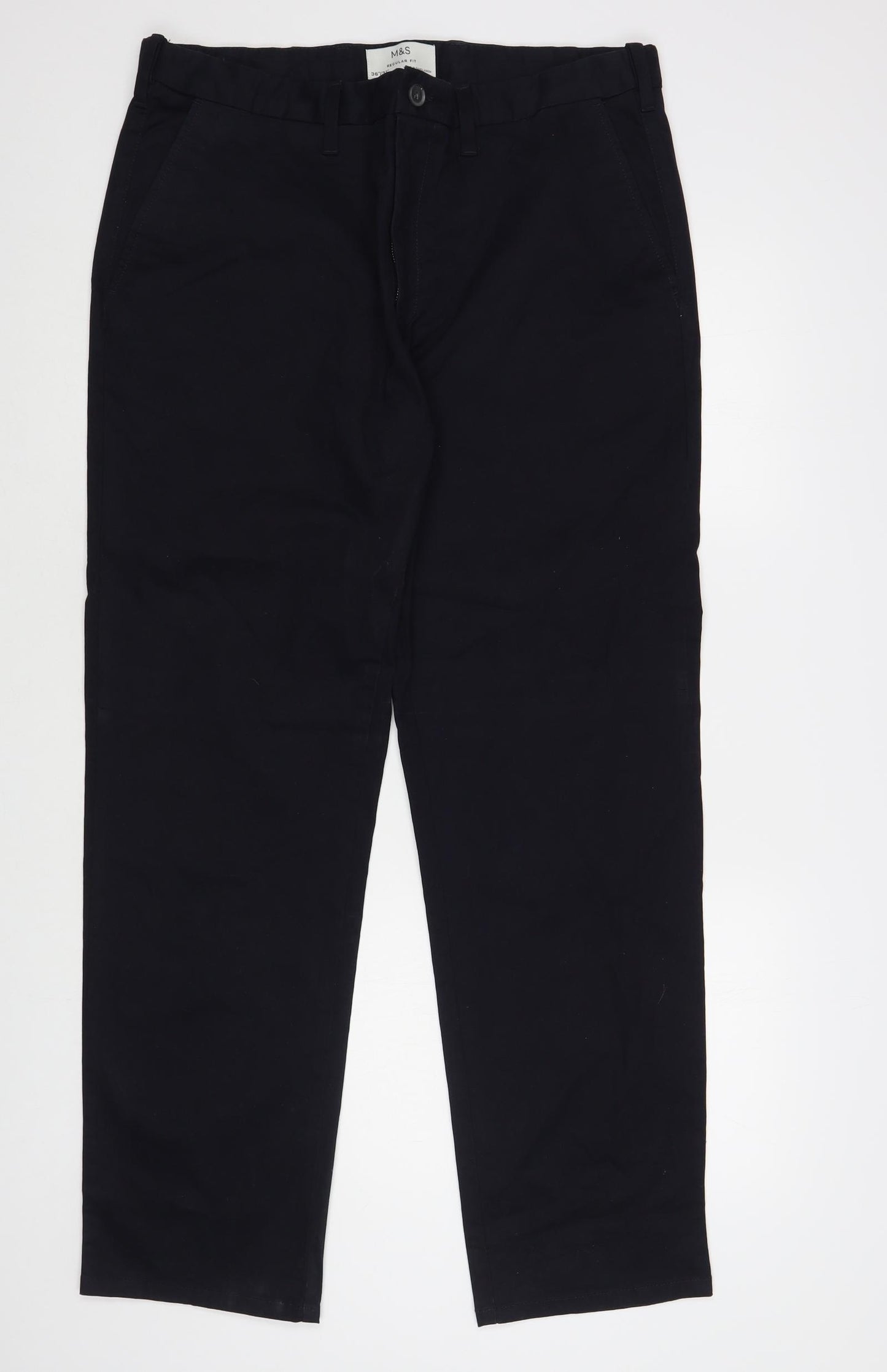 Marks and Spencer Mens Black Cotton Chino Trousers Size 36 in L31 in Regular Button