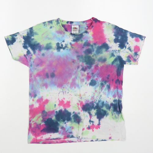 Fruit of the Loom Boys Multicoloured Geometric Cotton Pullover T-Shirt Size 9-10 Years Crew Neck Pullover - Tie-Dye