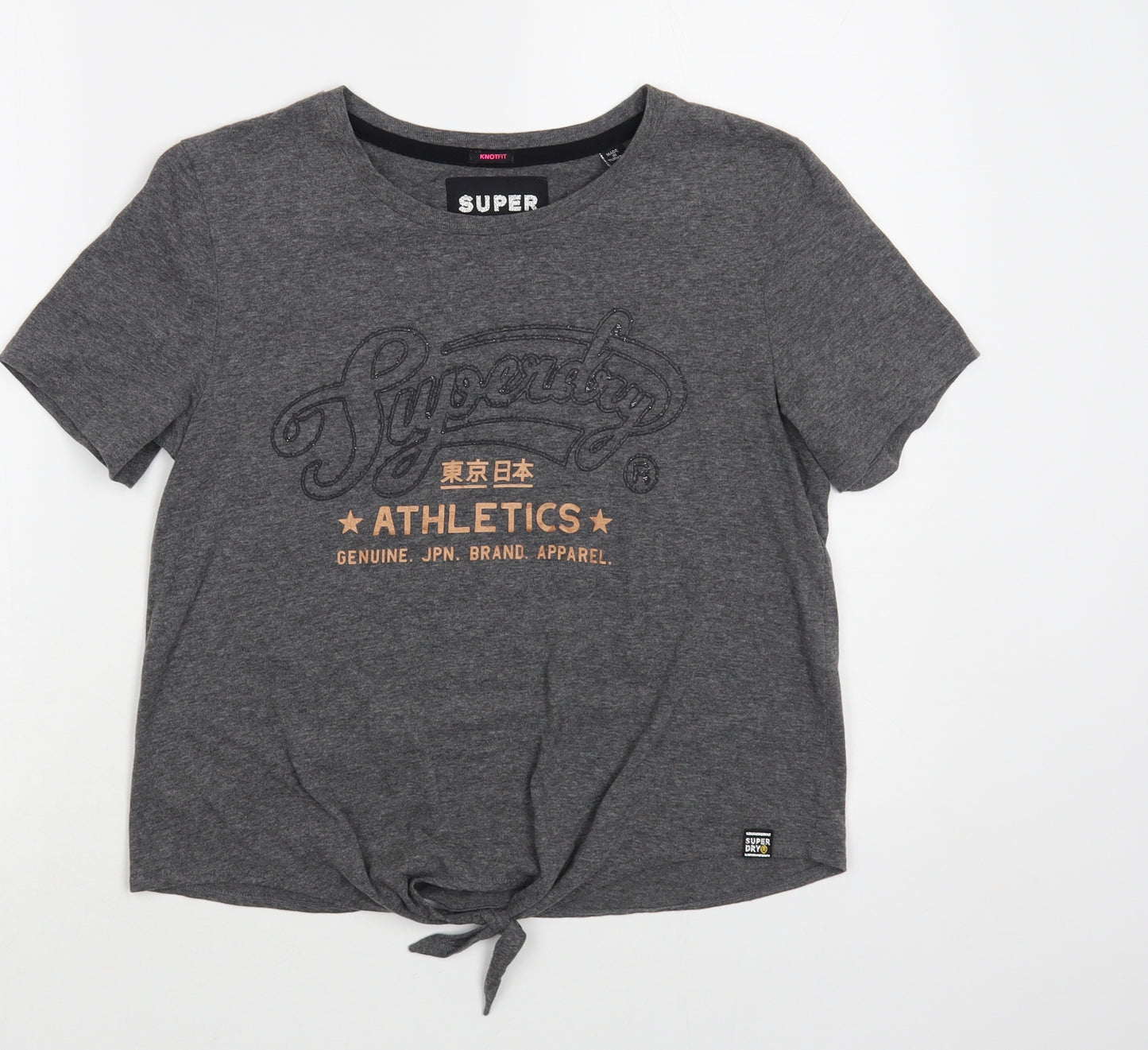 Superdry Womens Grey Cotton Basic T-Shirt Size S Crew Neck - Tie Front