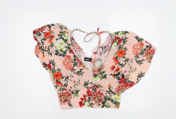 Dotti Womens Pink Floral Viscose Cropped Blouse Size 12 V-Neck