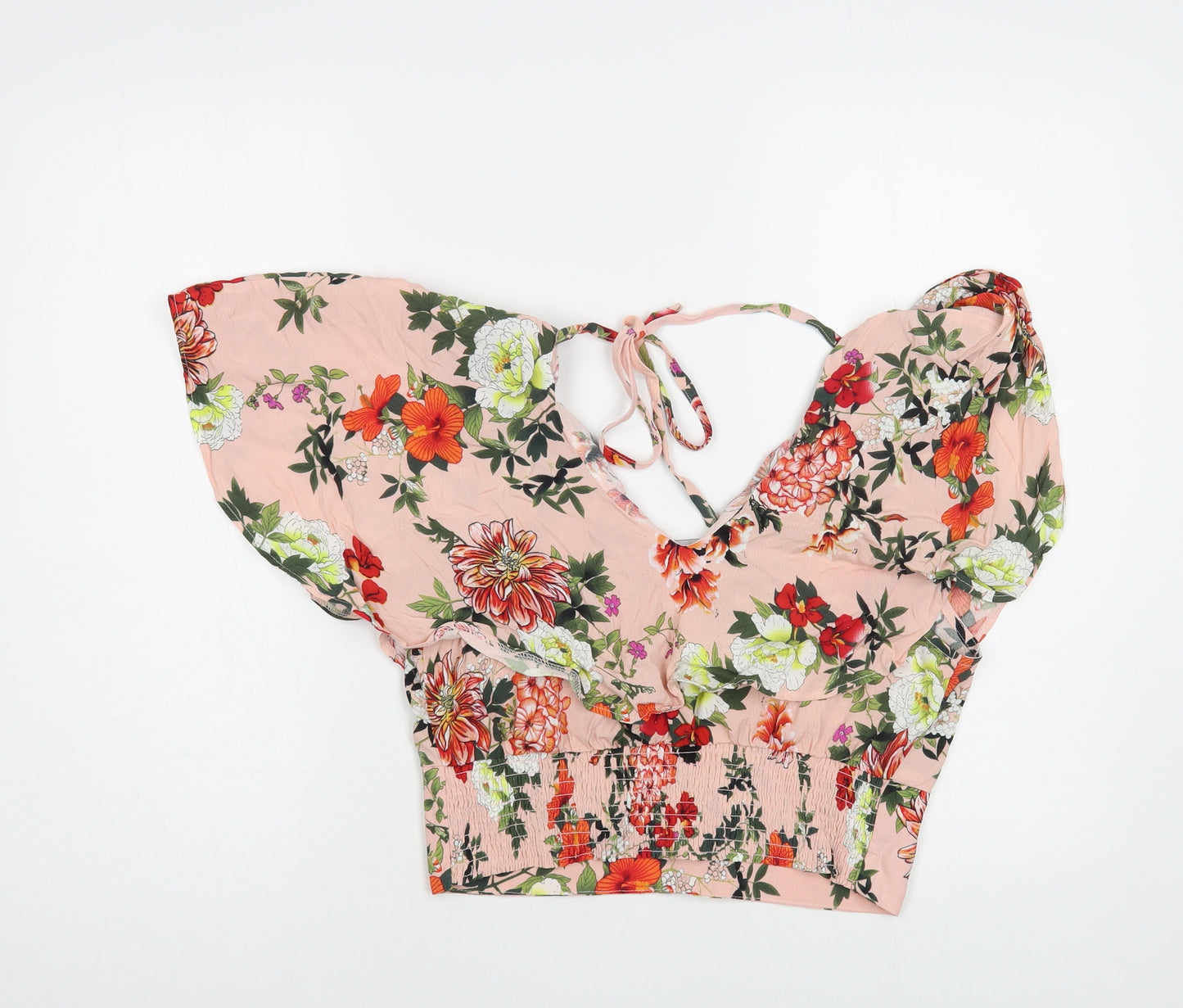 Dotti Womens Pink Floral Viscose Cropped Blouse Size 12 V-Neck