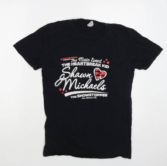 Front view of Gildan men’s black cotton t-shirt, size M, crew neck - the heartbreak kid