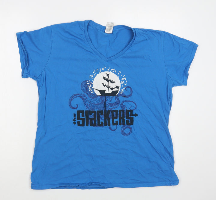 Gildan Womens Blue Cotton Basic T-Shirt Size XL V-Neck - The Slackers
