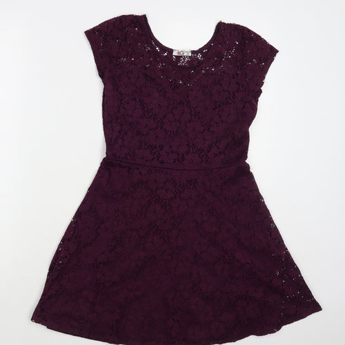 Wal G Womens Purple Floral Polyester Fit & Flare Size S Round Neck Pullover - Lace Overlay