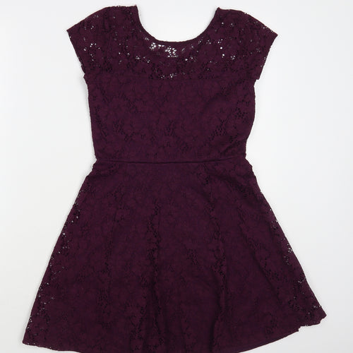 Wal G Womens Purple Floral Polyester Fit & Flare Size S Round Neck Pullover - Lace Overlay