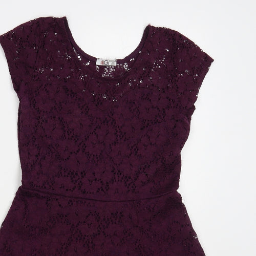 Wal G Womens Purple Floral Polyester Fit & Flare Size S Round Neck Pullover - Lace Overlay