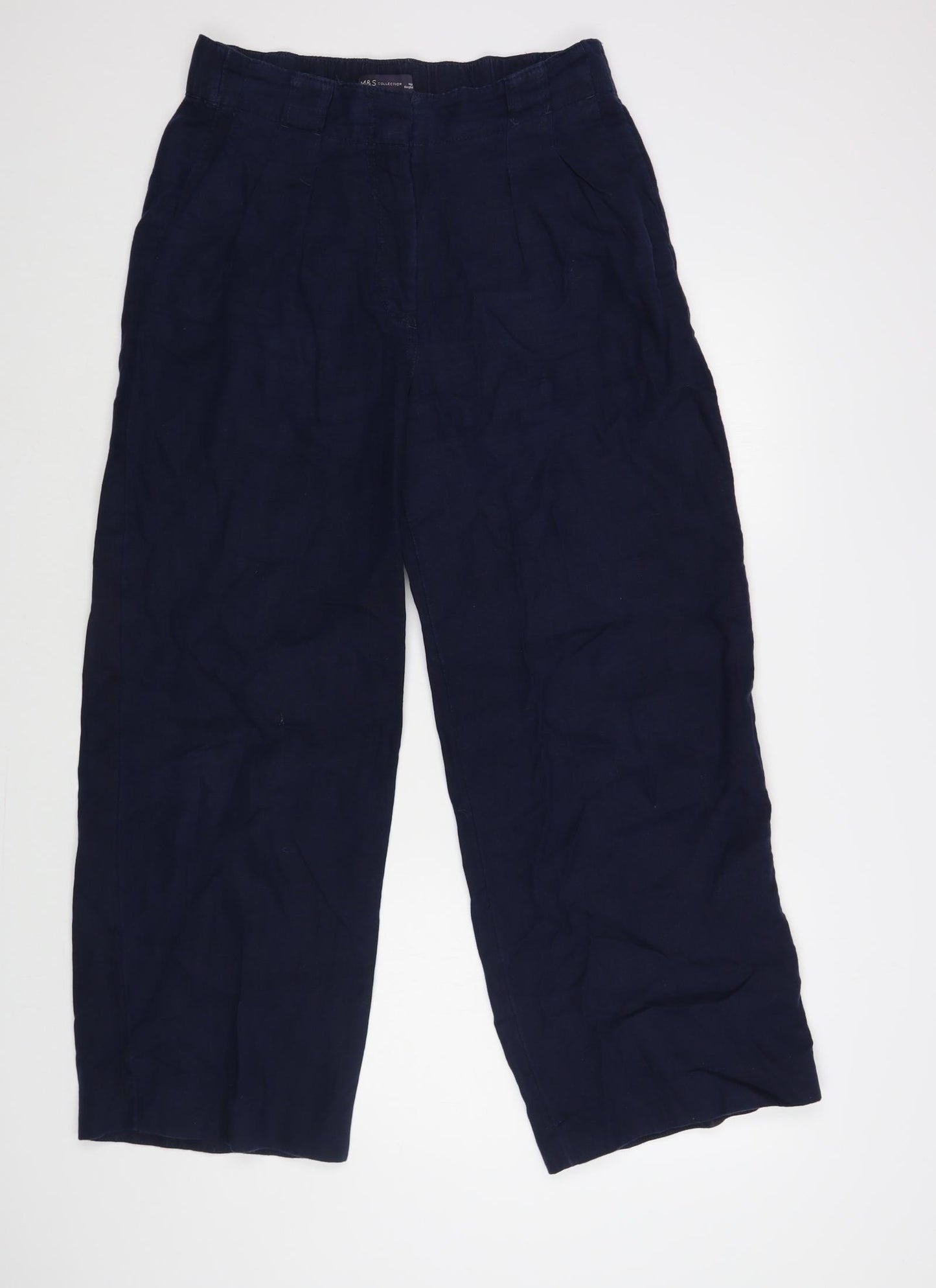 Marks and Spencer Womens Blue Linen Trousers Size 12 L28 in Regular Hook & Loop