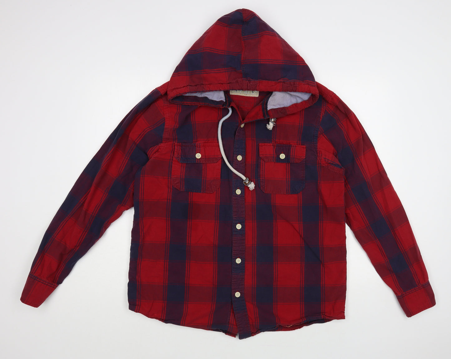 Authentic Apparel Mens Red Plaid Cotton Button-Up Size L Round Neck Button