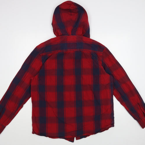 Authentic Apparel Mens Red Plaid Cotton Button-Up Size L Round Neck Button