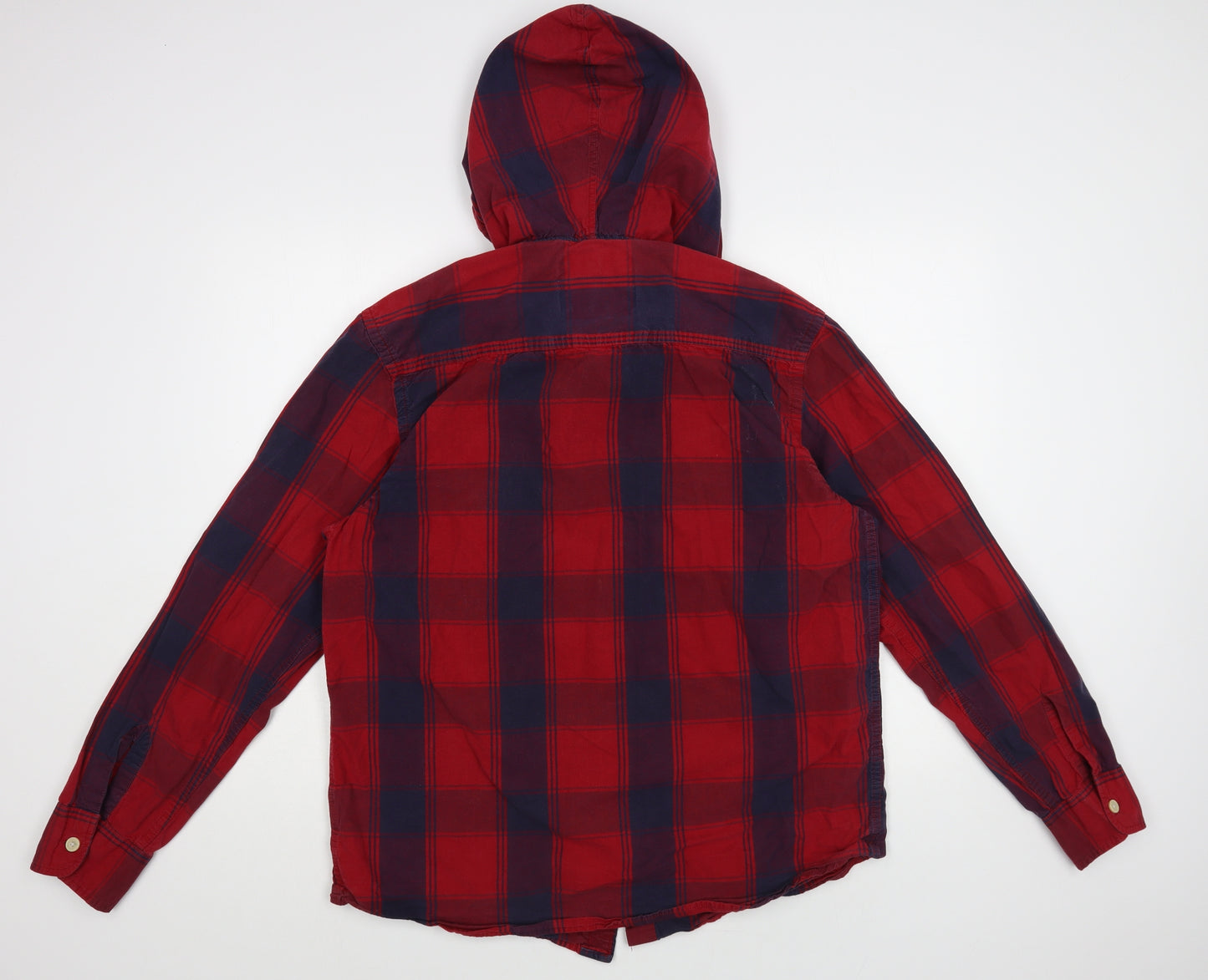 Authentic Apparel Mens Red Plaid Cotton Button-Up Size L Round Neck Button
