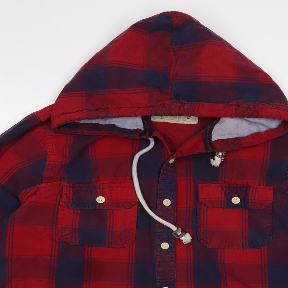 Authentic Apparel Mens Red Plaid Cotton Button-Up Size L Round Neck Button