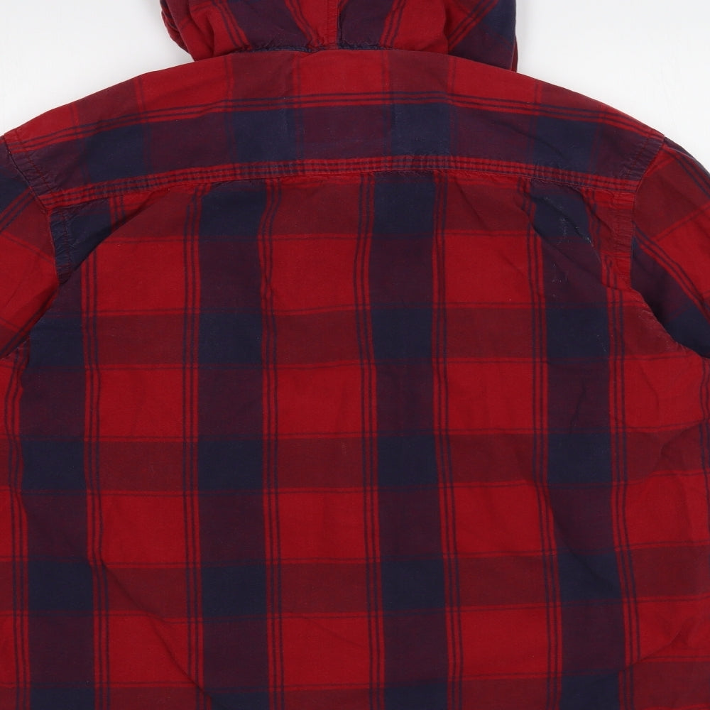 Authentic Apparel Mens Red Plaid Cotton Button-Up Size L Round Neck Button