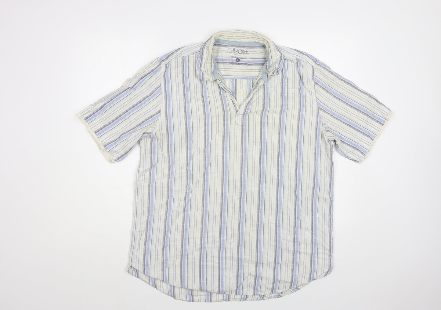 Cherokee Mens White Striped Cotton Button-Up Size L Collared