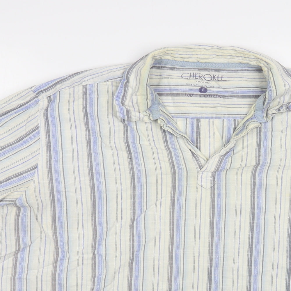 Cherokee Mens White Striped Cotton Button-Up Size L Collared