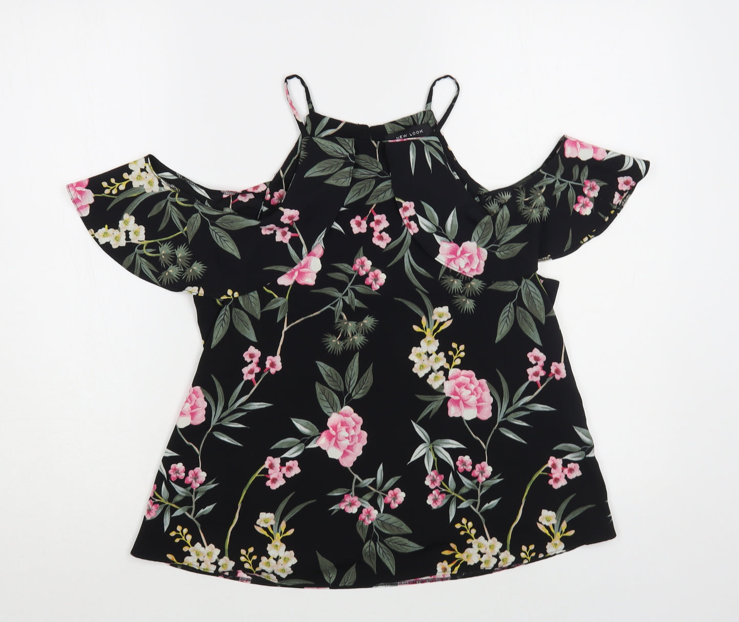 New Look Womens Black Floral Polyester Basic Blouse Size 8 Off the Shoulder - Cold Shoulder
