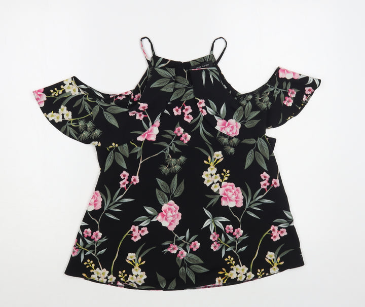 New Look Womens Black Floral Polyester Basic Blouse Size 8 Off the Shoulder - Cold Shoulder