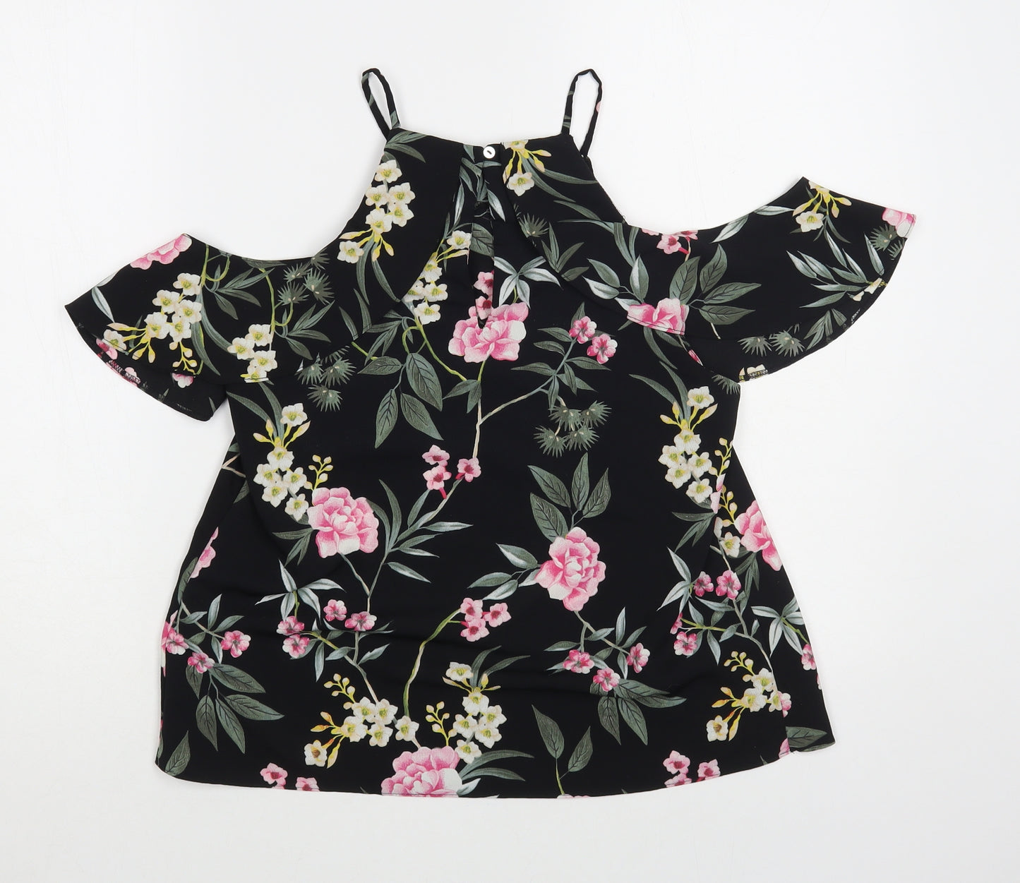 New Look Womens Black Floral Polyester Basic Blouse Size 8 Off the Shoulder - Cold Shoulder