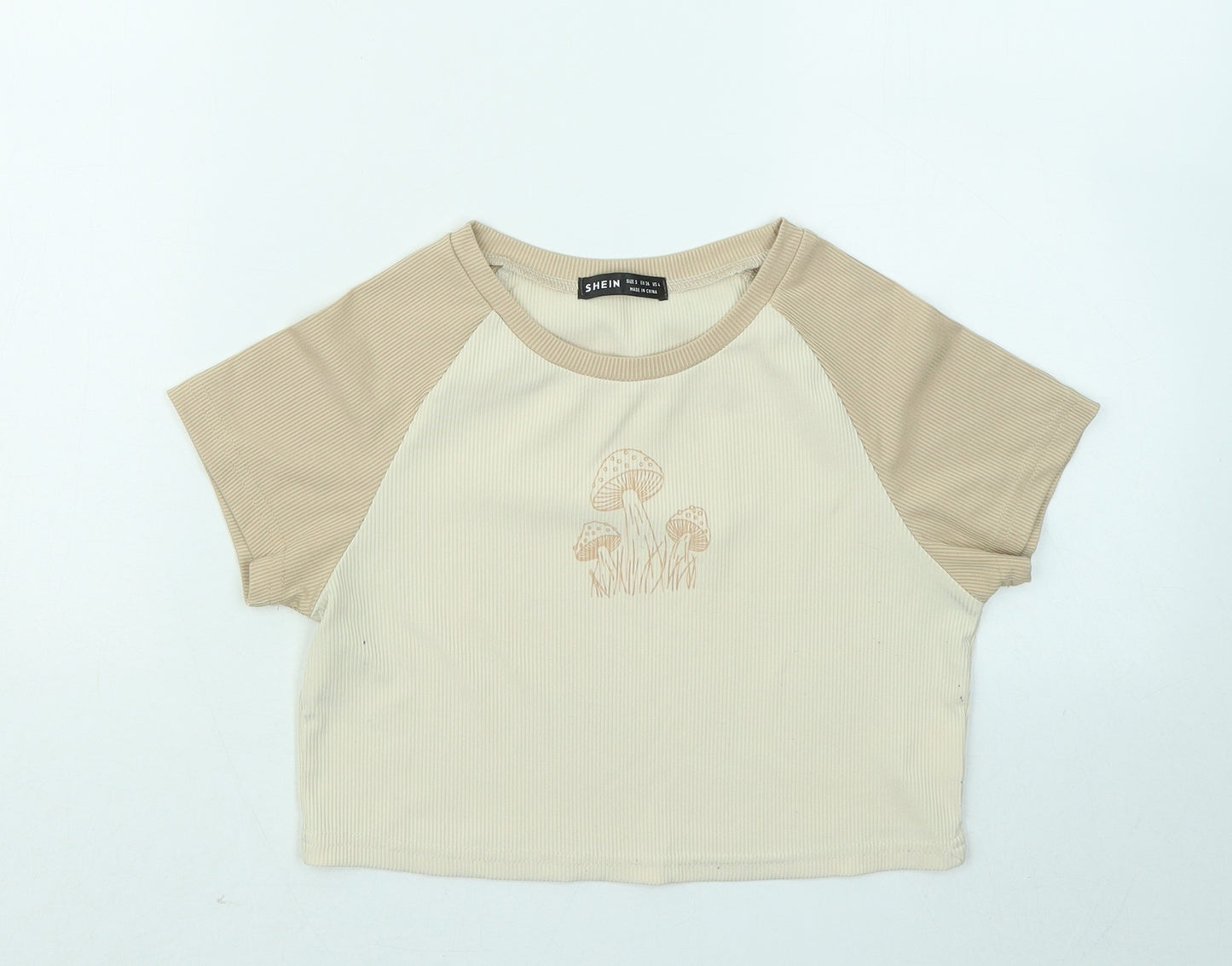 SheIn Womens Beige Cotton Basic T-Shirt Size S Round Neck - Mushrooms