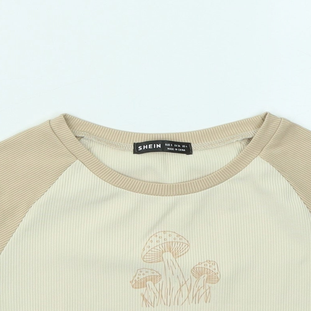 SheIn Womens Beige Cotton Basic T-Shirt Size S Round Neck - Mushrooms