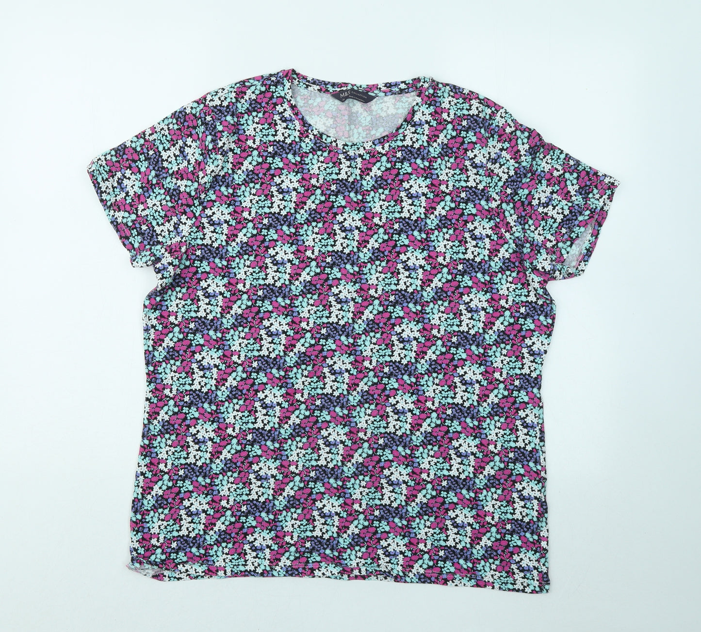 Marks and Spencer Womens Multicoloured Floral Cotton Basic T-Shirt Size 20 Round Neck