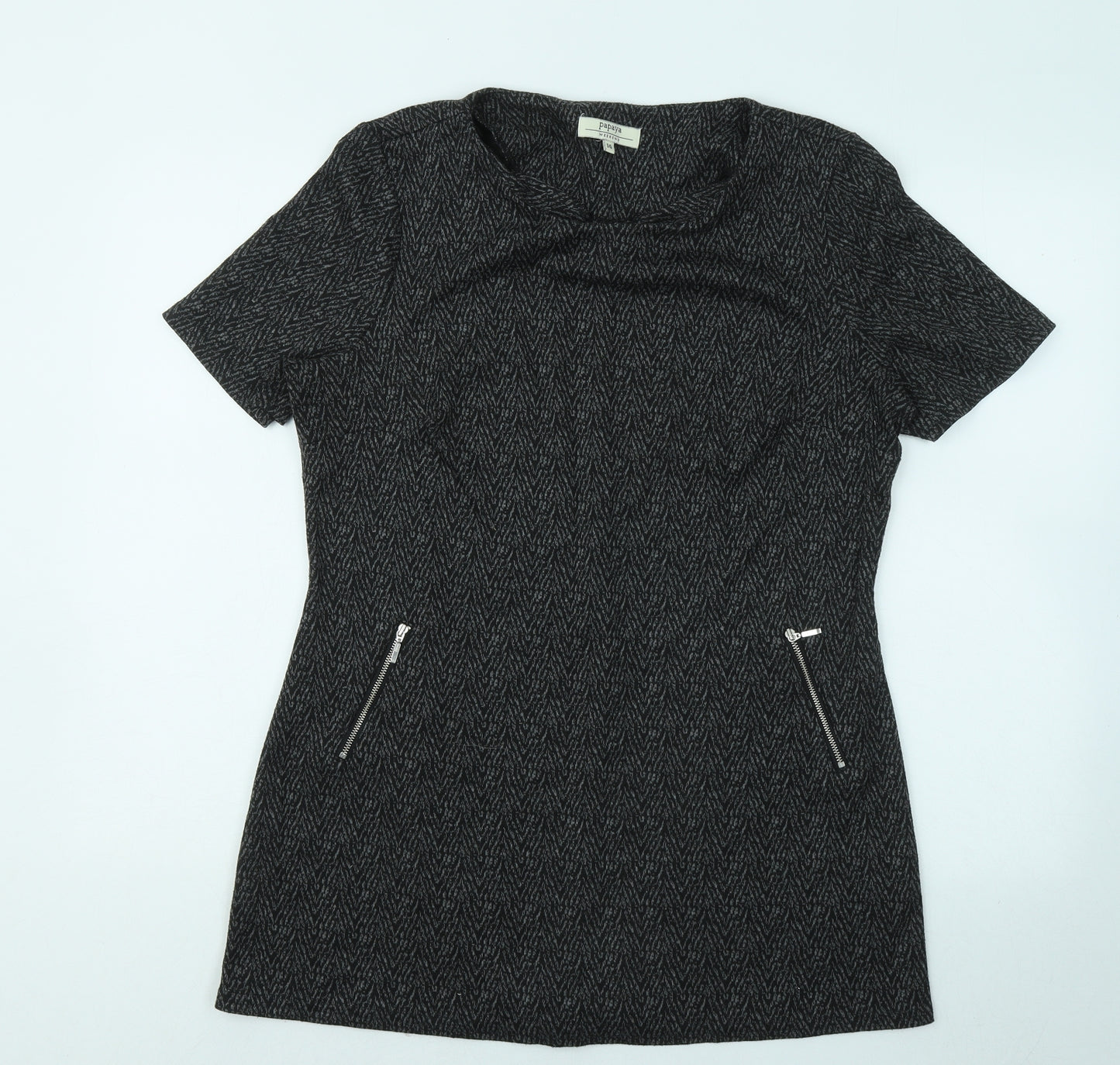 Papaya Womens Black Geometric Polyester T-Shirt Dress Size 14 Round Neck