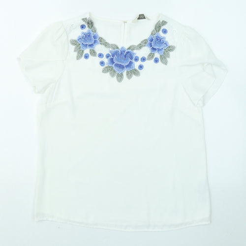 Oasis Womens White Polyester Basic T-Shirt Size 10 Round Neck - Flowers