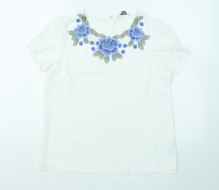 Oasis Womens White Polyester Basic T-Shirt Size 10 Round Neck - Flowers