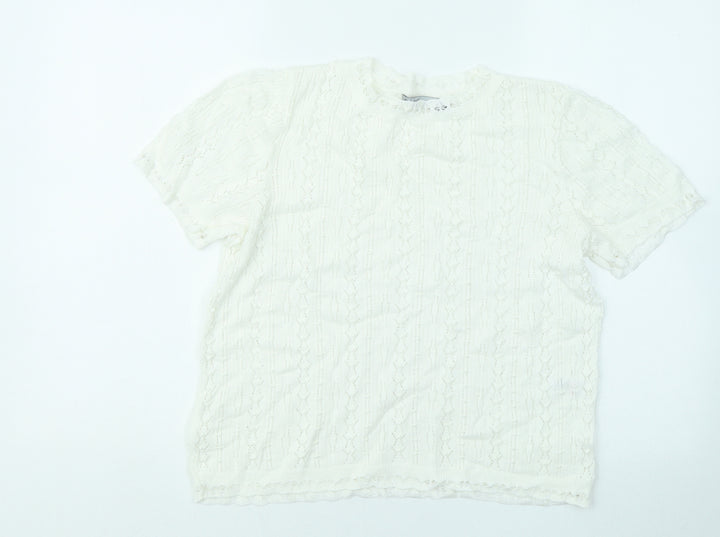 Oasis Womens White Geometric Cotton Basic T-Shirt Size M Round Neck