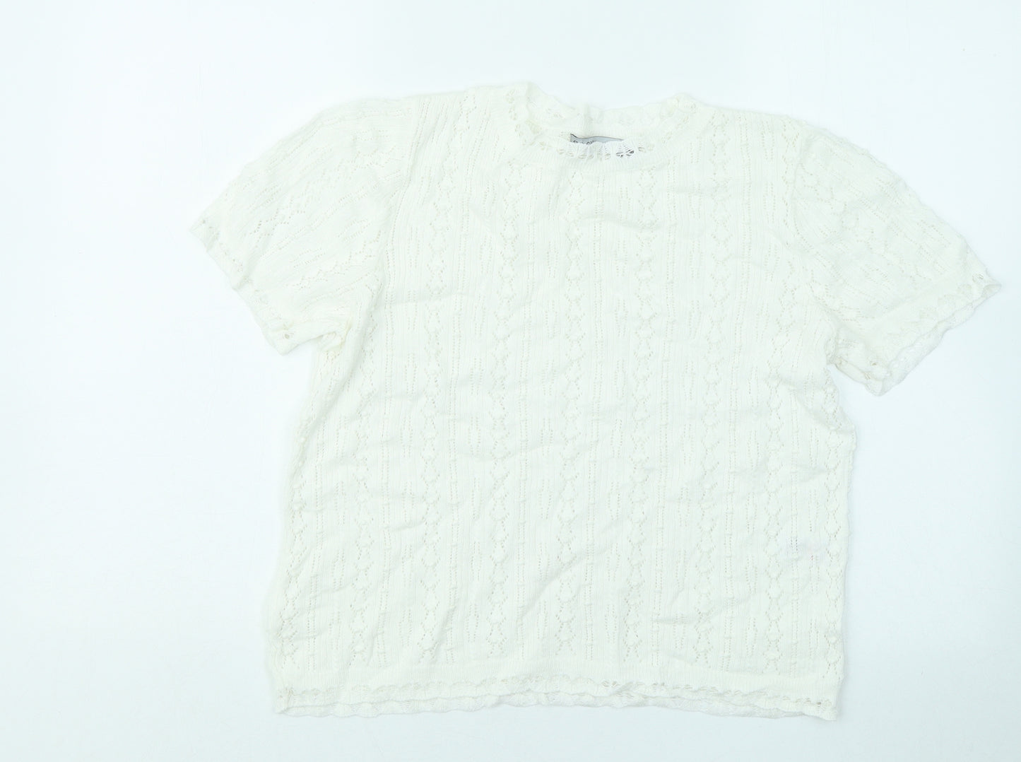 Oasis Womens White Geometric Cotton Basic T-Shirt Size M Round Neck