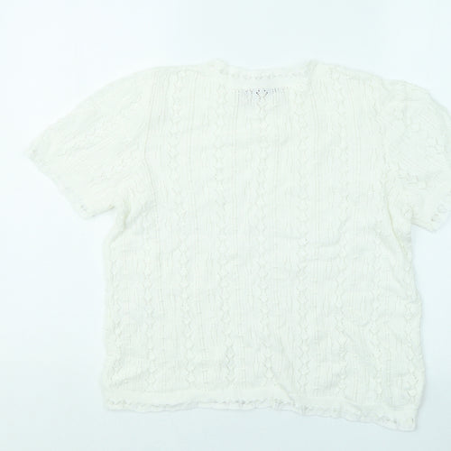 Oasis Womens White Geometric Cotton Basic T-Shirt Size M Round Neck