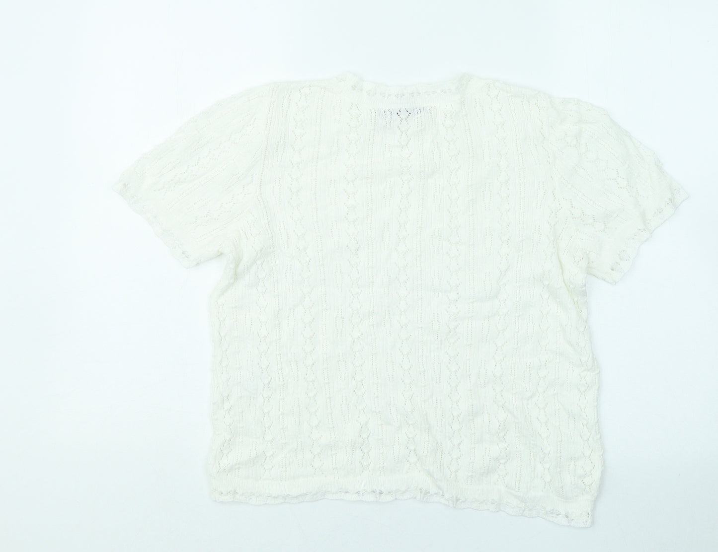 Oasis Womens White Geometric Cotton Basic T-Shirt Size M Round Neck