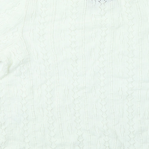 Oasis Womens White Geometric Cotton Basic T-Shirt Size M Round Neck