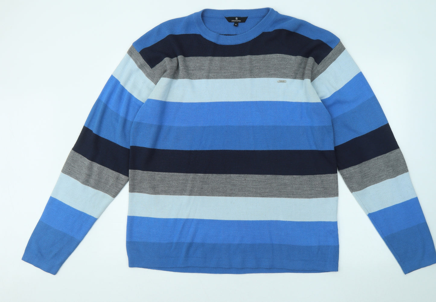 UrbanSpirit Mens Blue Round Neck Striped Acrylic Pullover Jumper Size XL