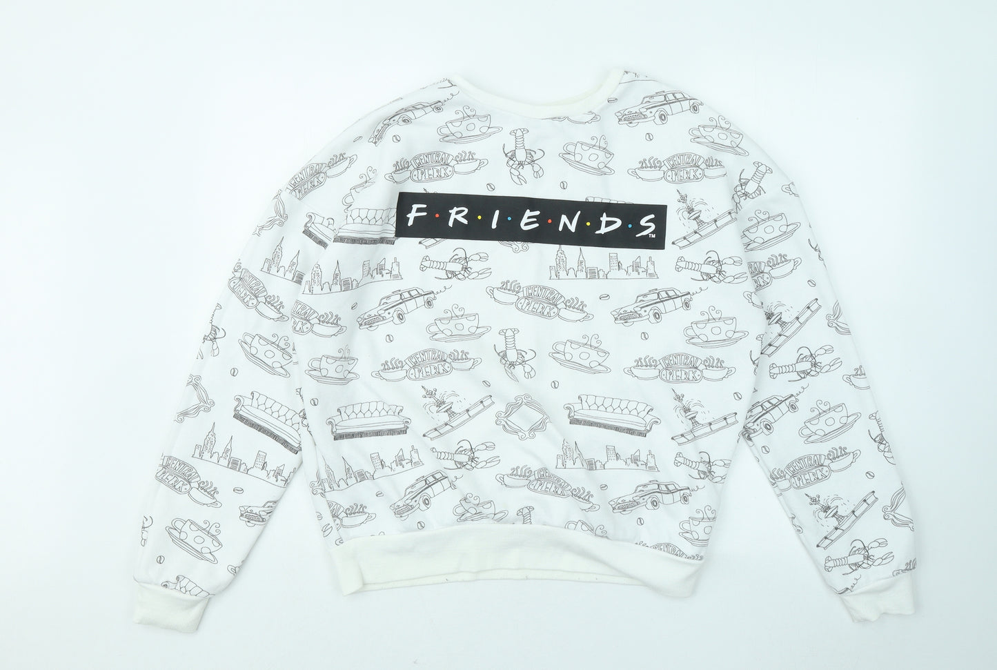 Primark Womens White Geometric Cotton Pullover Sweatshirt Size 10 - Friends