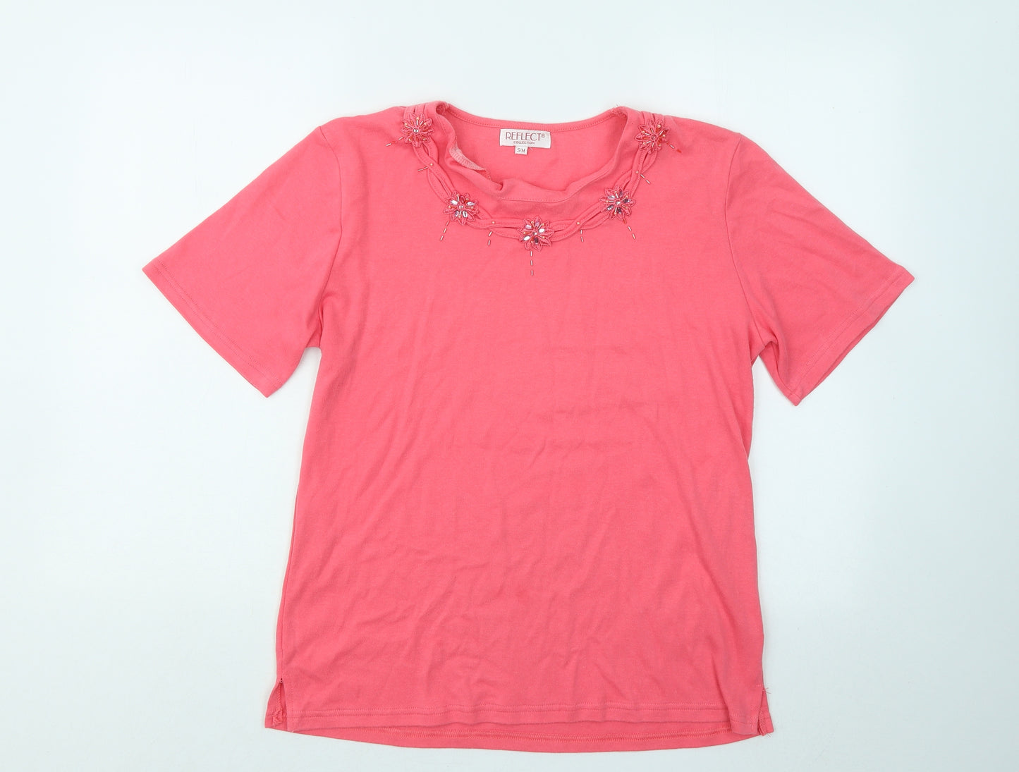 Reflect Womens Pink Polyester Basic T-Shirt Size S Round Neck - Flowers