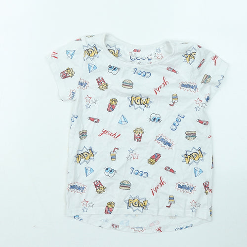 TU Boys White Geometric Cotton Basic T-Shirt Size 8 Years Round Neck - Fries Popcorn Cool Eyes Diamond