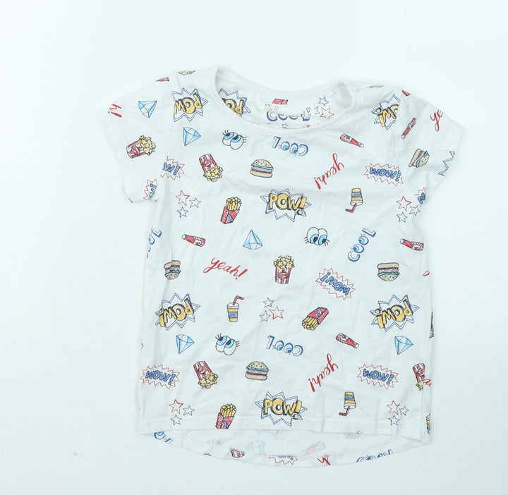 TU Boys White Geometric Cotton Basic T-Shirt Size 8 Years Round Neck - Fries Popcorn Cool Eyes Diamond