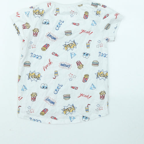 TU Boys White Geometric Cotton Basic T-Shirt Size 8 Years Round Neck - Fries Popcorn Cool Eyes Diamond