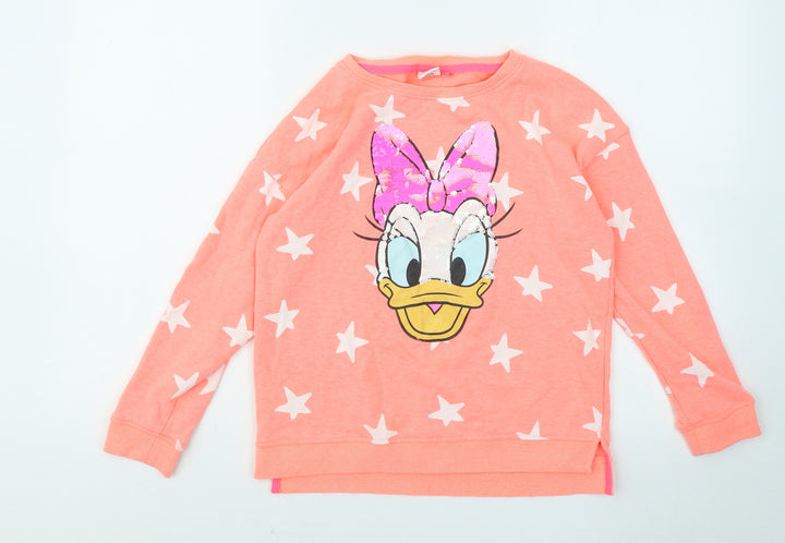 NEXT Girls Orange Geometric Cotton Pullover Sweatshirt Size 11 Years - Stars Disney Daffy Duck