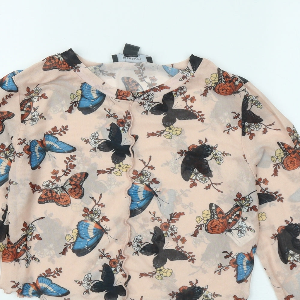 Primark Womens Beige Geometric Polyester Basic T-Shirt Size 6 Round Neck - Butterflies