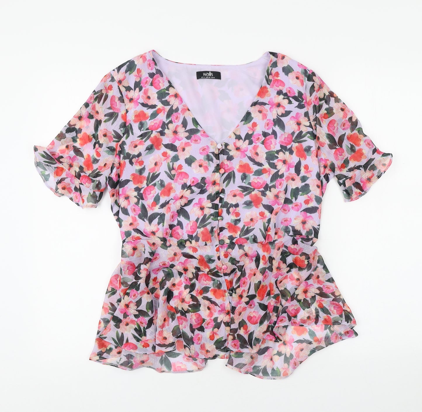 Wallis Womens Purple Floral Polyester Basic Blouse Size 14 V-Neck