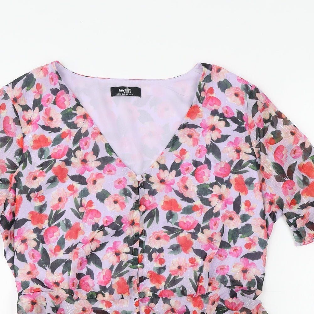 Wallis Womens Purple Floral Polyester Basic Blouse Size 14 V-Neck