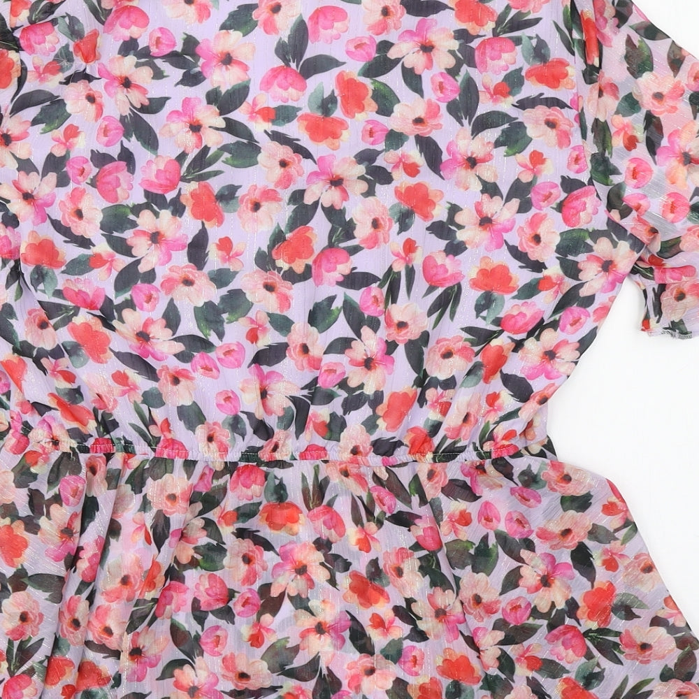 Wallis Womens Purple Floral Polyester Basic Blouse Size 14 V-Neck