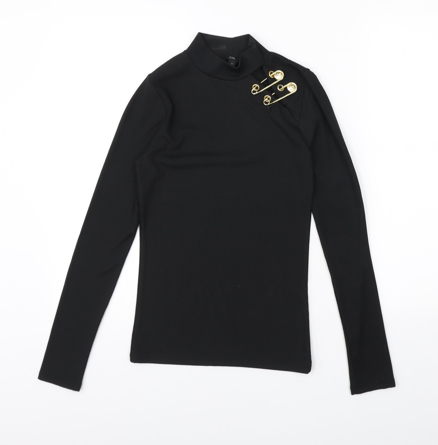 River Island Womens Black Polyester Basic T-Shirt Size 8 High Neck - Gold Safety Pin detail