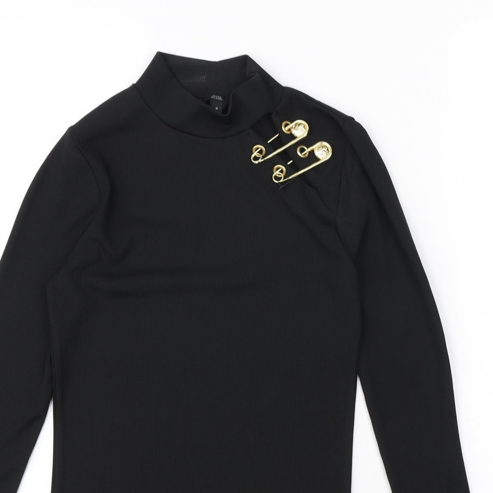 River Island Womens Black Polyester Basic T-Shirt Size 8 High Neck - Gold Safety Pin detail