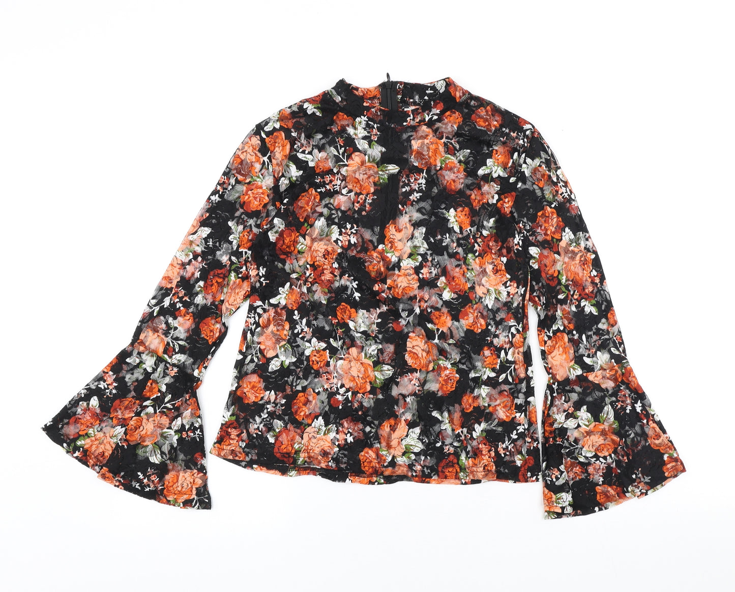 Mirumi Womens Black Floral Polyester Basic T-Shirt Size S Round Neck