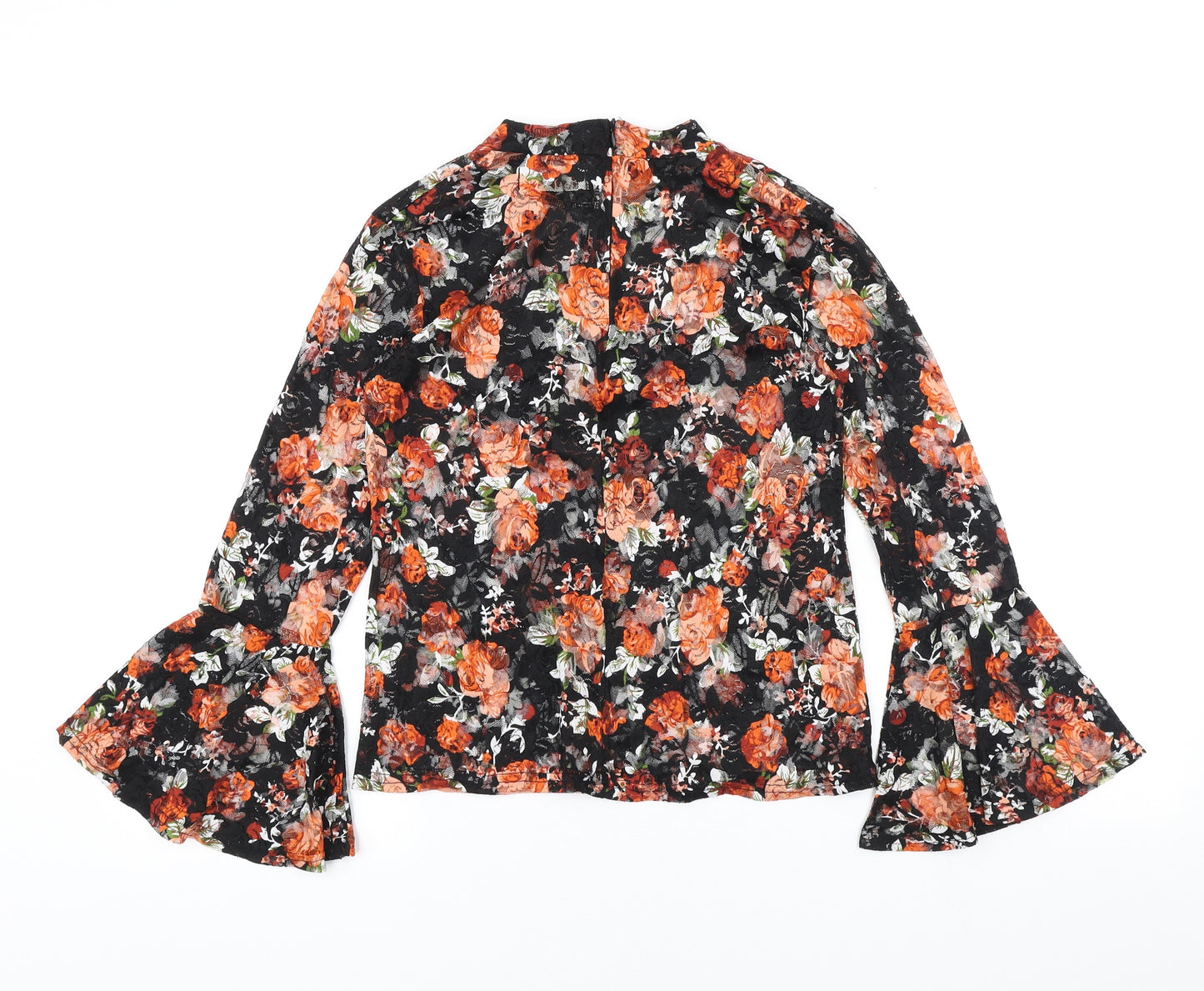 Mirumi Womens Black Floral Polyester Basic T-Shirt Size S Round Neck