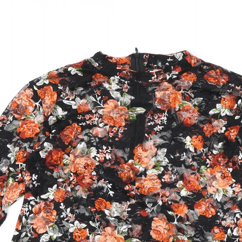 Mirumi Womens Black Floral Polyester Basic T-Shirt Size S Round Neck