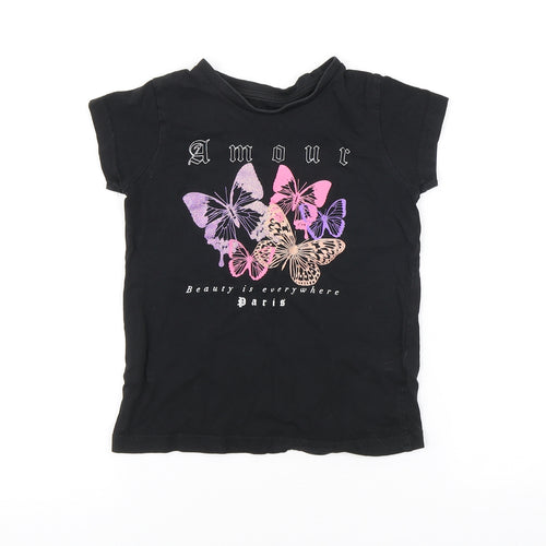 Preworn Girls Black Cotton Basic T-Shirt Size 5-6 Years Round Neck Pullover - Butterflies