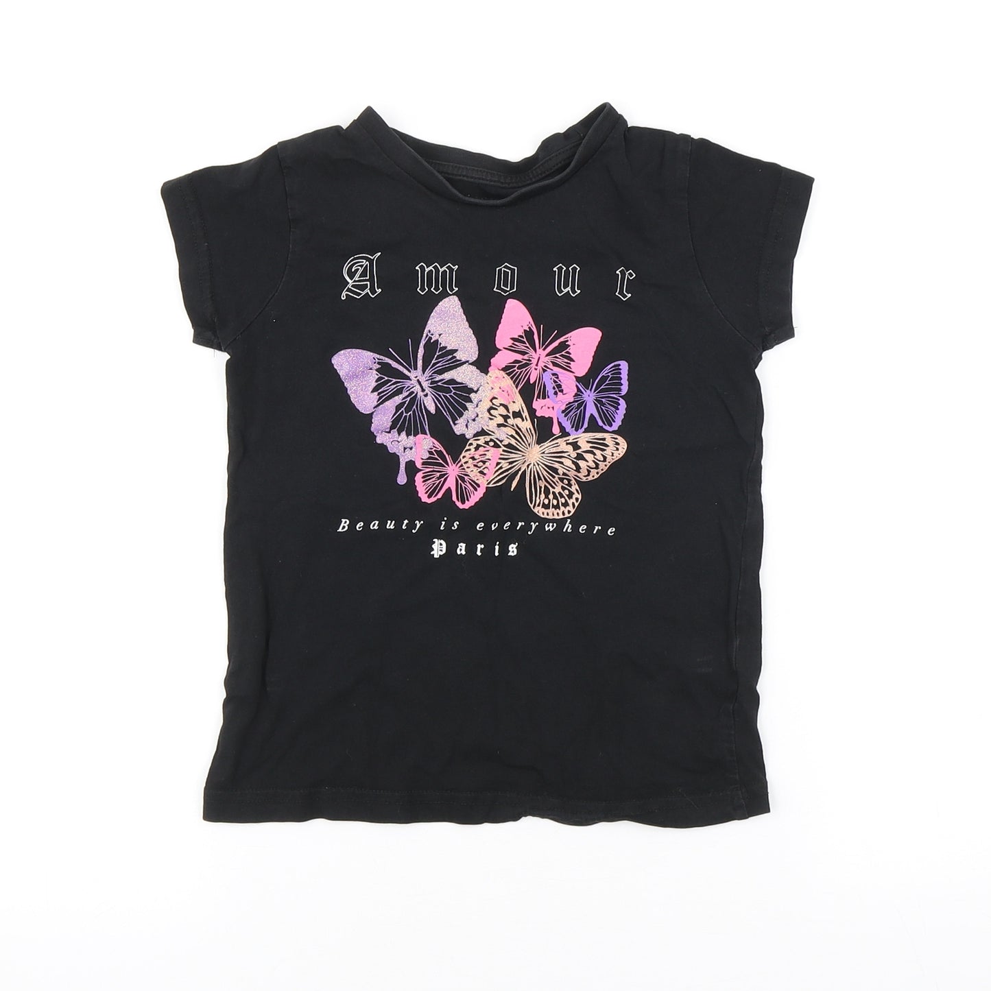 Preworn Girls Black Cotton Basic T-Shirt Size 5-6 Years Round Neck Pullover - Butterflies